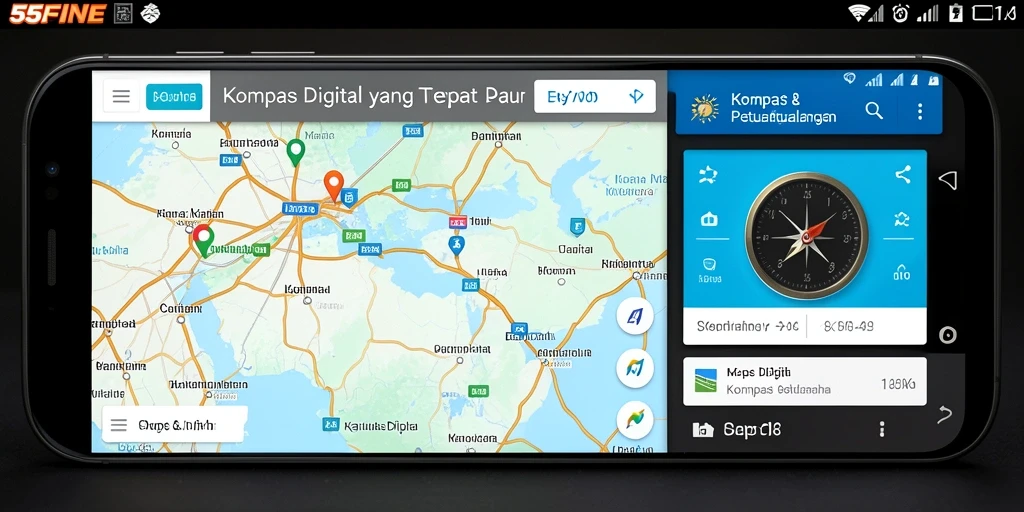 Tampilan antarmuka <strong>55FIVE</strong> dengan fungsi kompas digital yang intuitif.