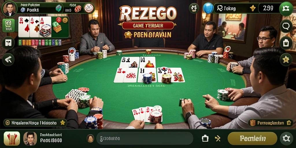 Antarmuka permainan poker REZEGO dengan grafis memukau dan fitur interaktif.